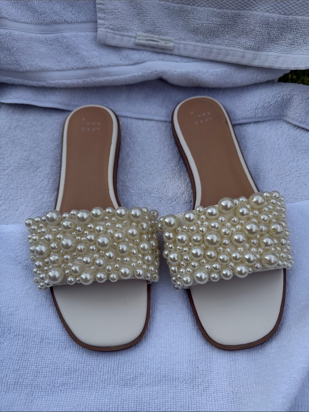 Pearl-Embellished Cream Slide Sandals - A New Day